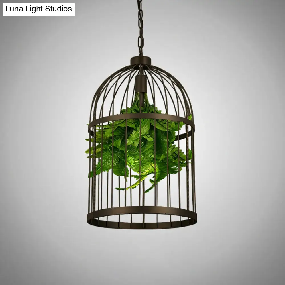 Industrial Black Iron Pendulum Birdcage Lamp with Artificial Plant - Single-Bulb Hanging Light