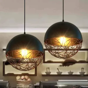 Industrial Black Wire Cage Ceiling Light - Iron Domed Hanging Pendant for Dining Room, 1-Light Down Lighting