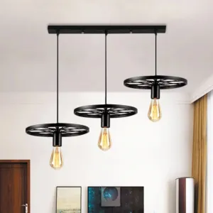 Industrial Style Iron Hanging Pendant Light with Wheel - 3 Lights, Black Bare Bulb - Perfect for Restaurants and Ceilings