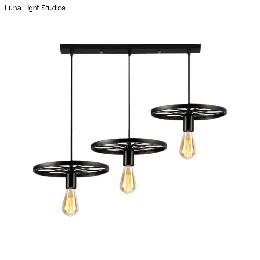 Industrial Style Iron Hanging Pendant Light with Wheel - 3 Lights, Black Bare Bulb - Perfect for Restaurants and Ceilings