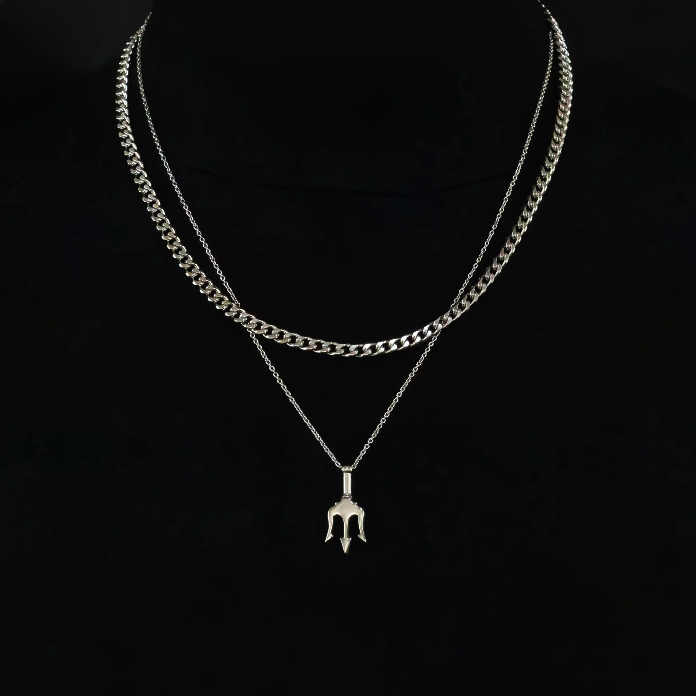 Izechiel Stainless Steel Trident Pendant & Curb Chain Necklace Set