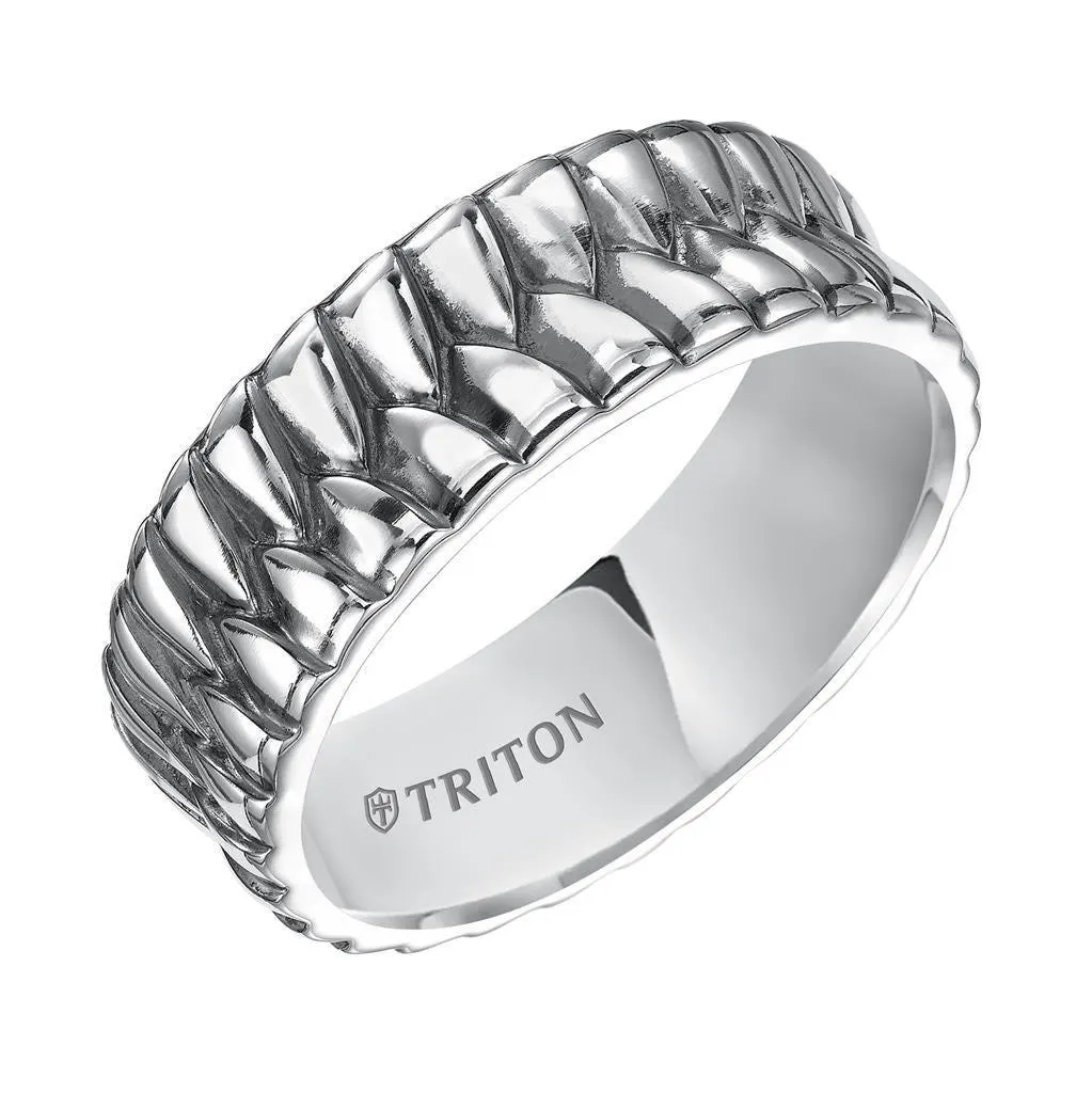 KIAN Flat Sterling Silver Comfort Fit Wedding Band with Wide Woven Pattern and Black Oxidation Finish by Triton Rings - 8mm