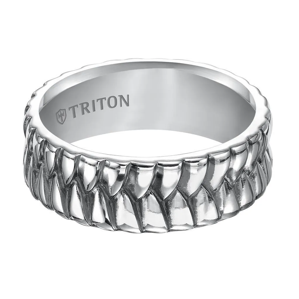 KIAN Flat Sterling Silver Comfort Fit Wedding Band with Wide Woven Pattern and Black Oxidation Finish by Triton Rings - 8mm