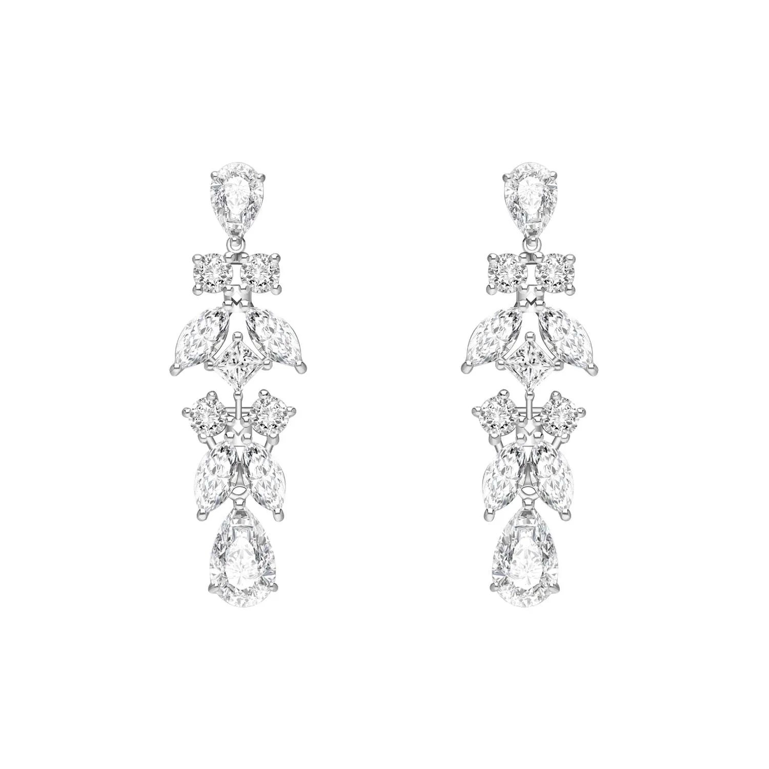 Laureate: Silver rhodium plated multi-shaped pear cut  CZ teardrop earrings