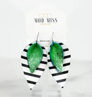 Leather Stacked Petal Earring "Metallic Green   Black & White Stripes (Wide Stripes)"