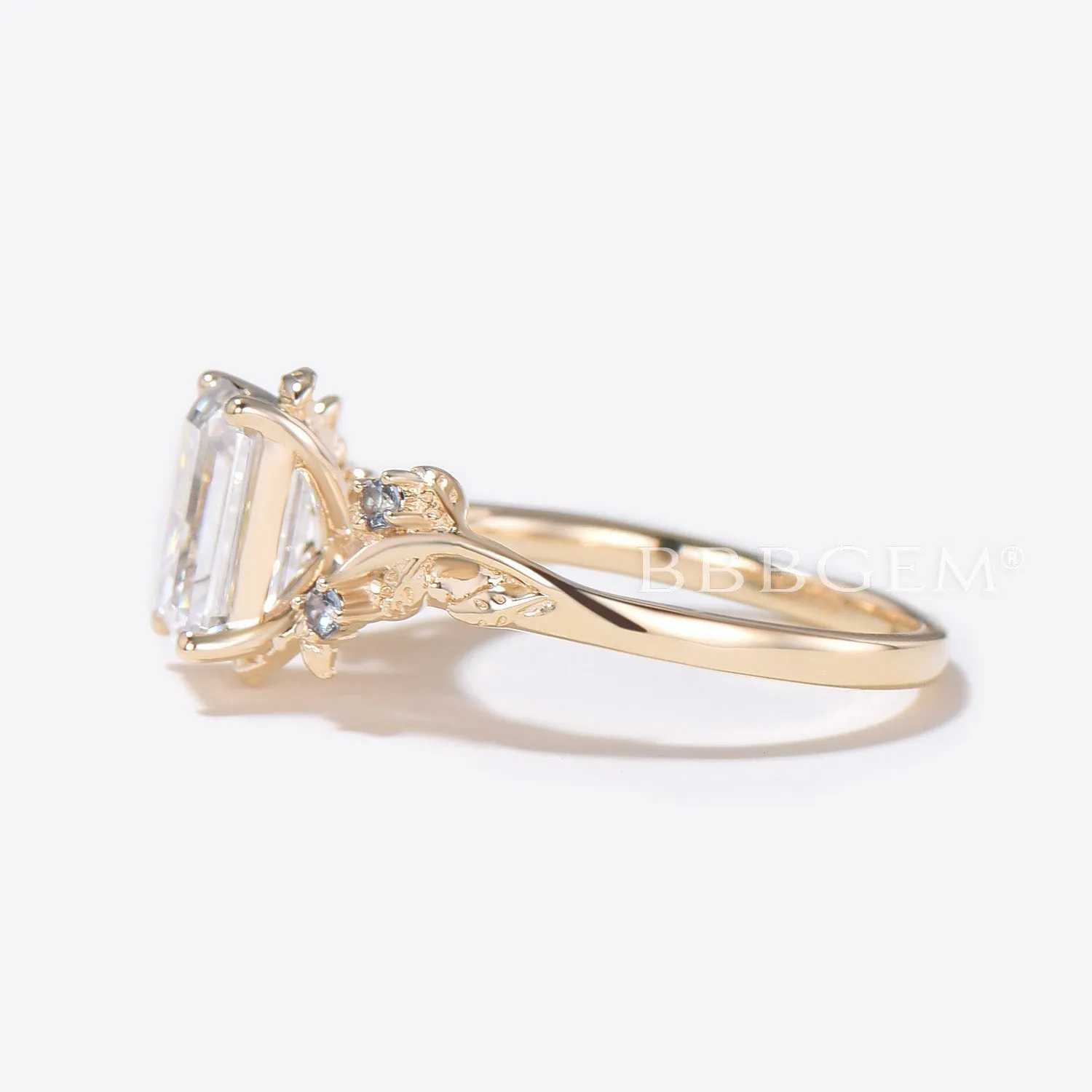 Nature Inspired Twig Leaf Emerald Cut Moissanite Engagement Ring