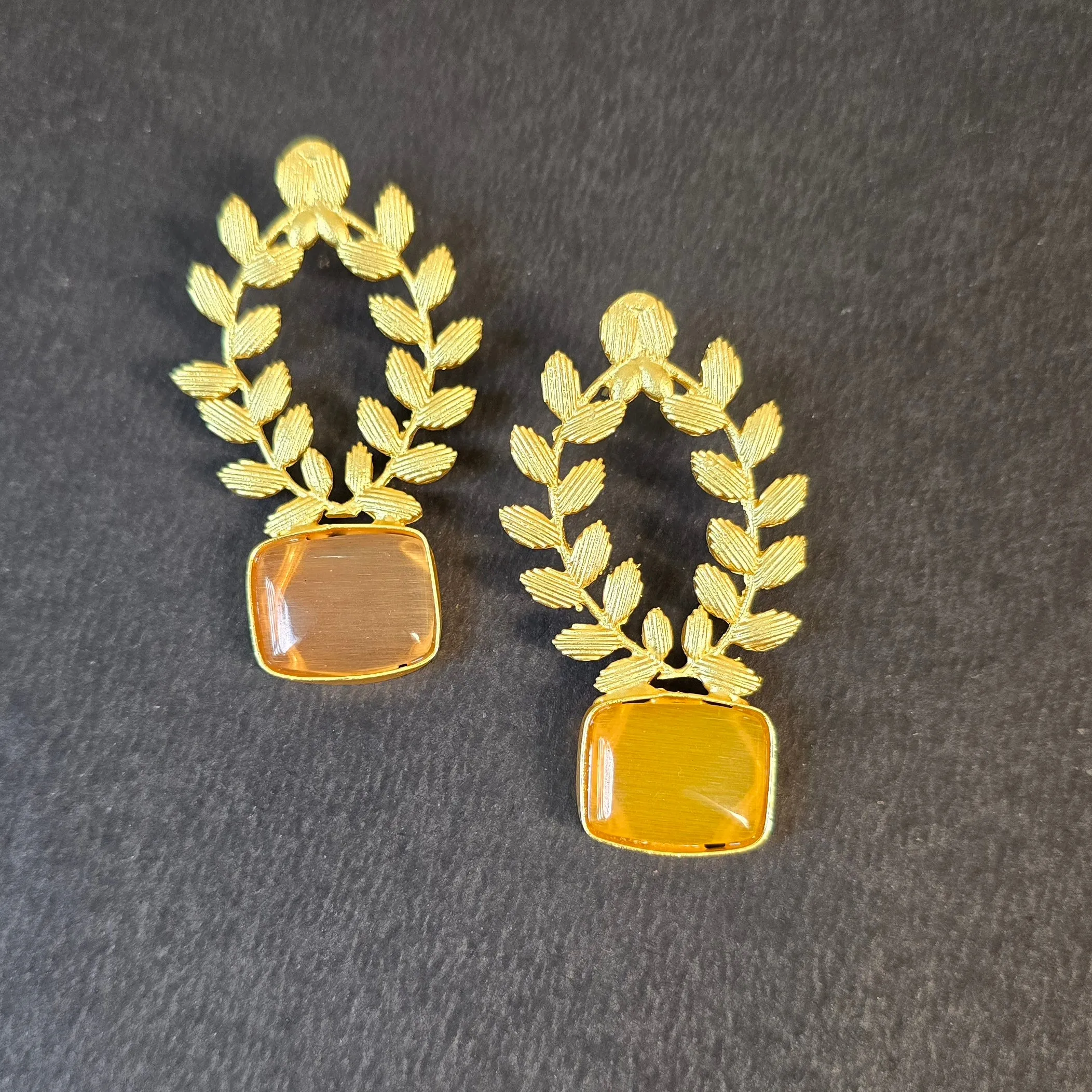 Orange Opaque Stone Leaf Earrings