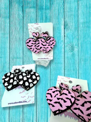 Oversized Heart Earrings with Cute Spooky Patterns