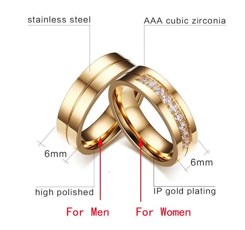 Personalised Trendy Wedding Bands Rings for Women Men Love Gift Gold Colour Stainless Steel Couple Jewellery