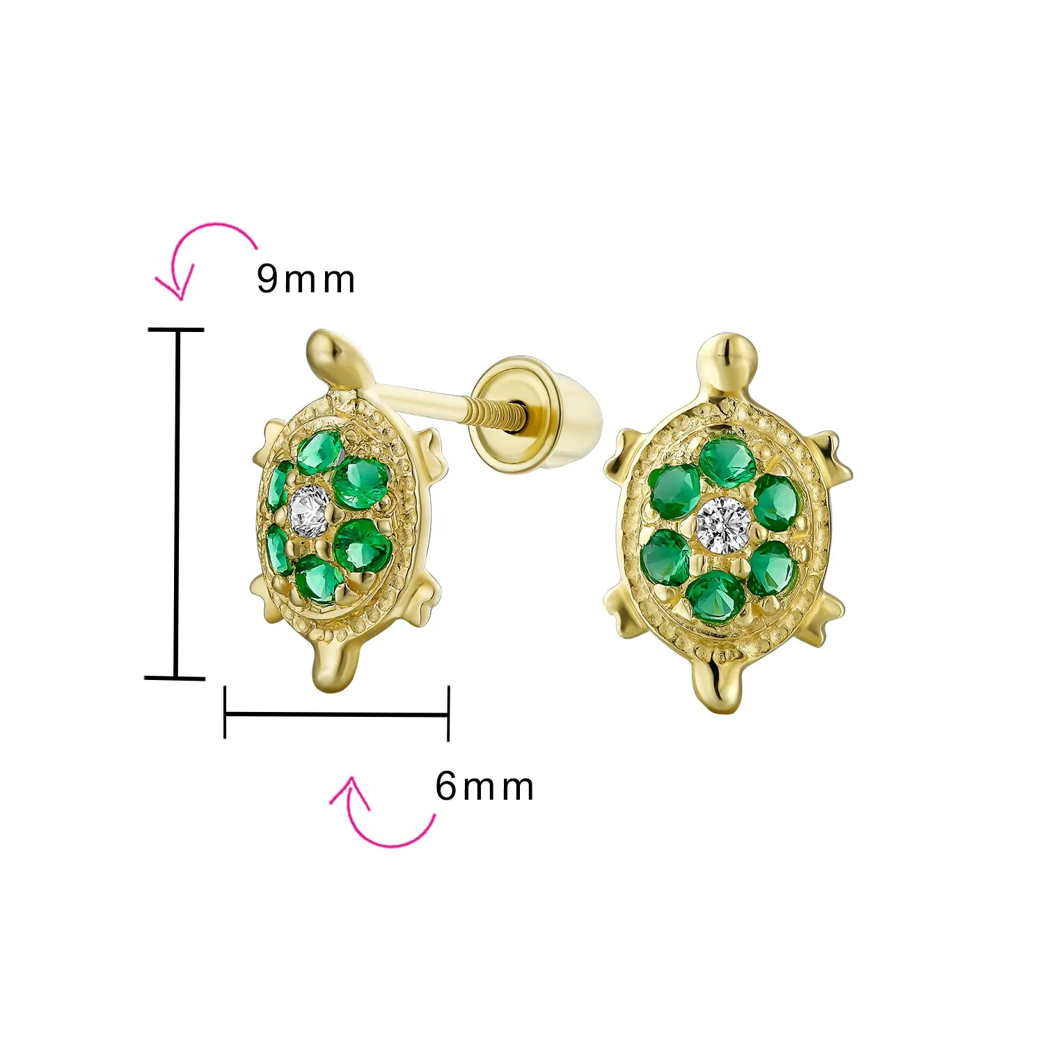 Petite Nautical Pave CZ Green Tortoise 14K Gold Stud Earrings with Secure Back