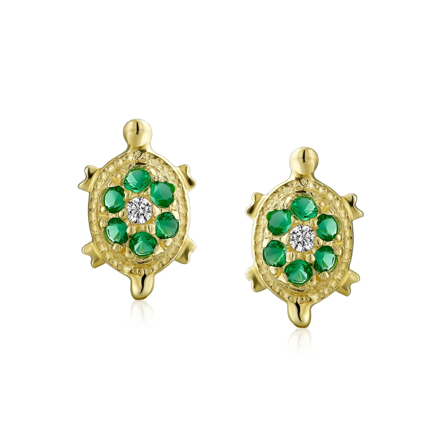 Petite Nautical Pave CZ Green Tortoise 14K Gold Stud Earrings with Secure Back