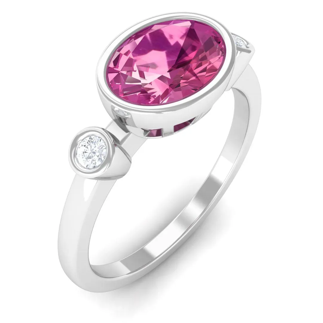 Pink Tourmaline Solitaire East West Ring with Diamond