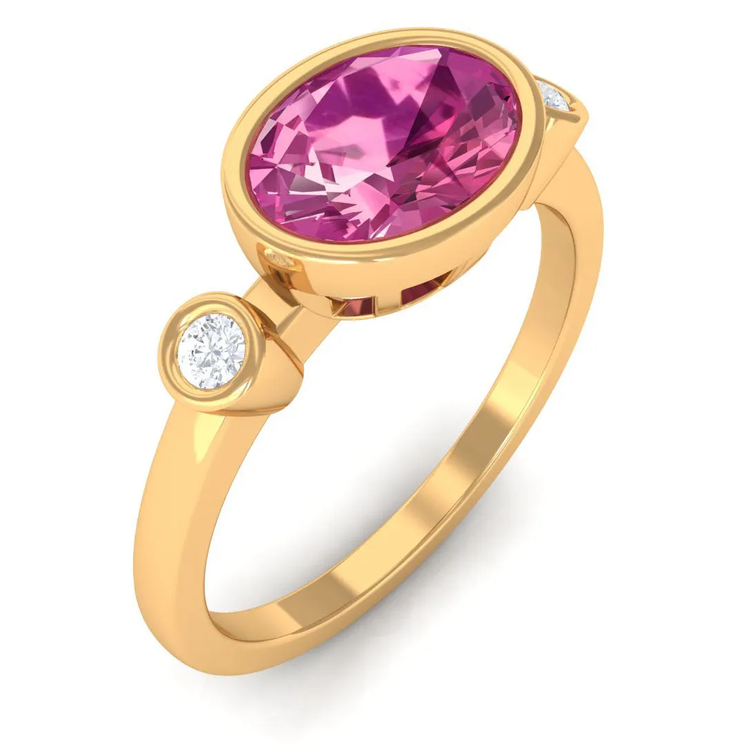 Pink Tourmaline Solitaire East West Ring with Diamond