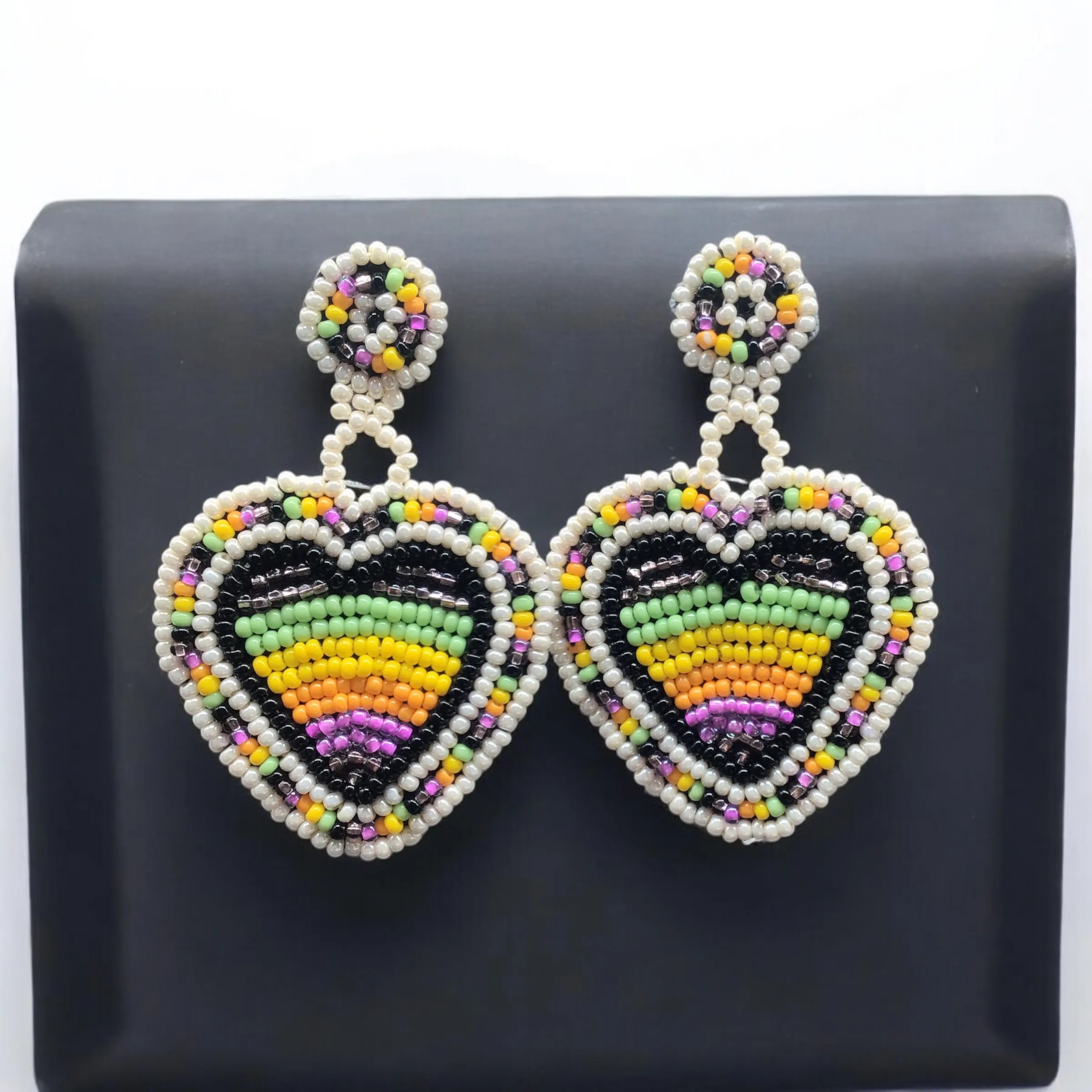 Purple and Yellow Heart Beaded Earrings