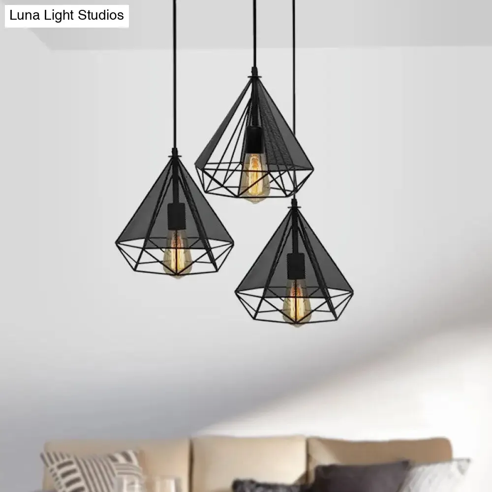 Retro-Style Black Diamond Hanging Light with 3 Metallic Heads - Dining Room Pendant Lighting