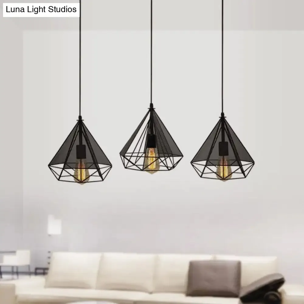 Retro-Style Black Diamond Hanging Light with 3 Metallic Heads - Dining Room Pendant Lighting