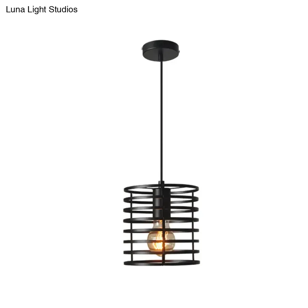 Retro Style Black/White Cylinder Cage Pendant Ceiling Lamp - Adjustable Height, Indoor Metal Hanging Light with 1 Bulb