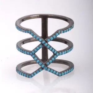 Rhodium Plated Silver Long Geometrical Ring WithTurquoise Cubic Zirconia