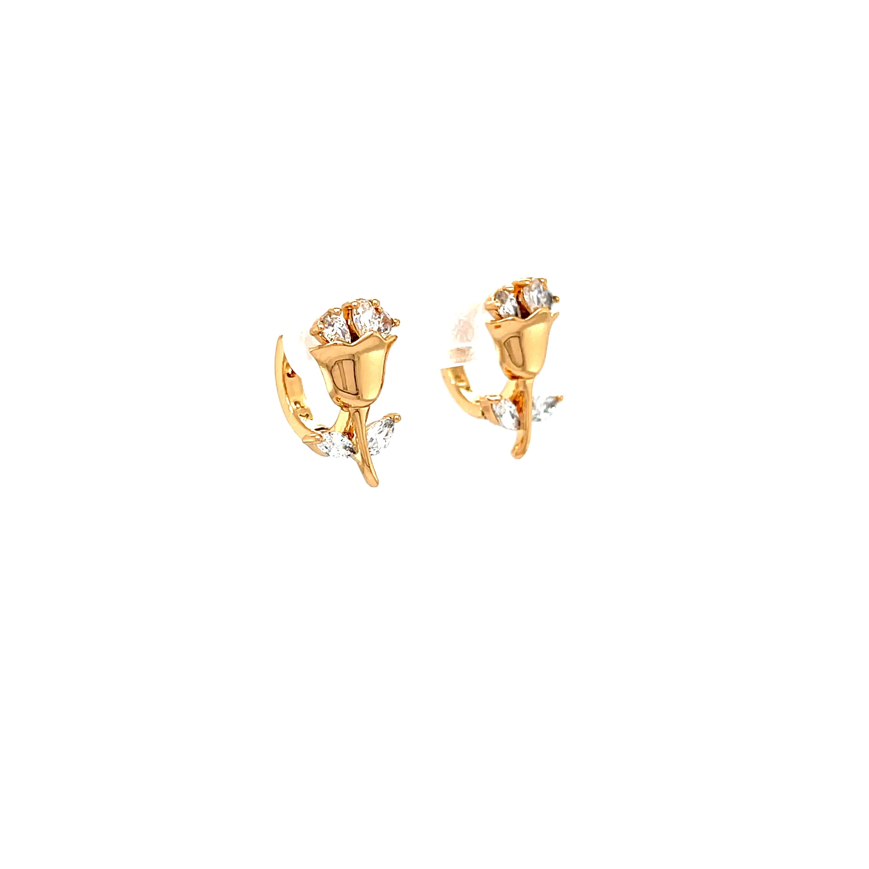 Rose flower Zirconia Stones and Petals Huggie Earrings Rose Gold filled