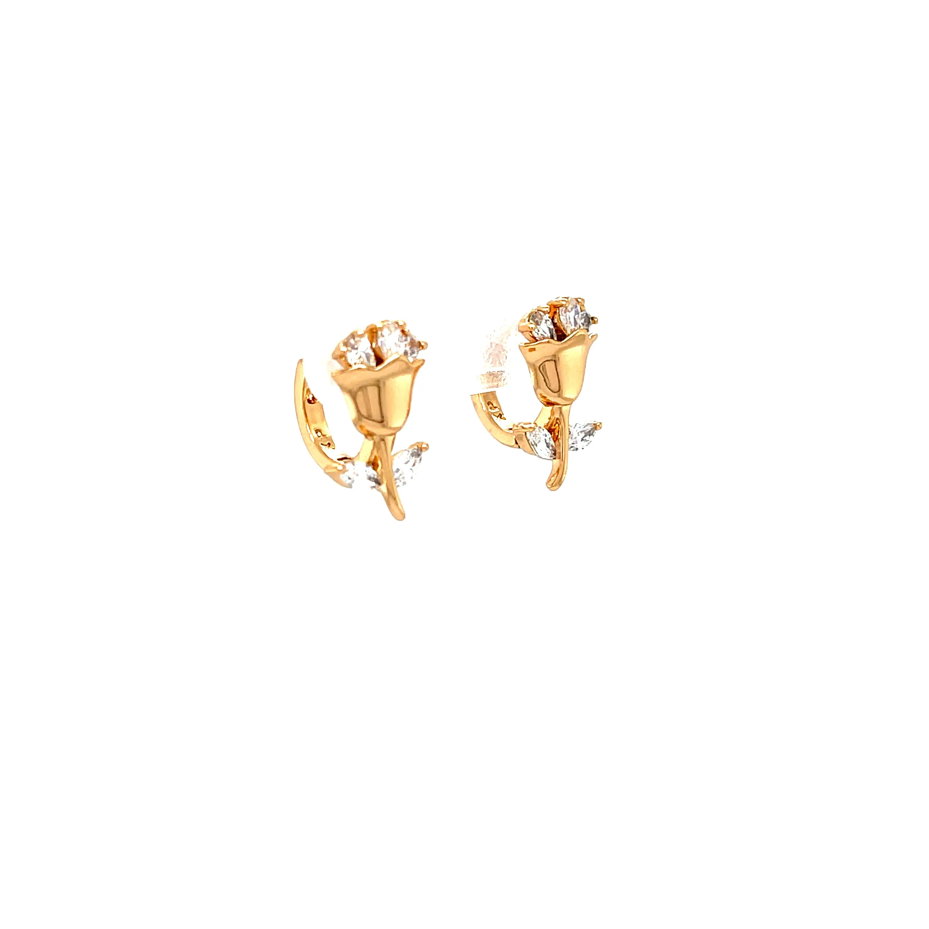 Rose flower Zirconia Stones and Petals Huggie Earrings Rose Gold filled