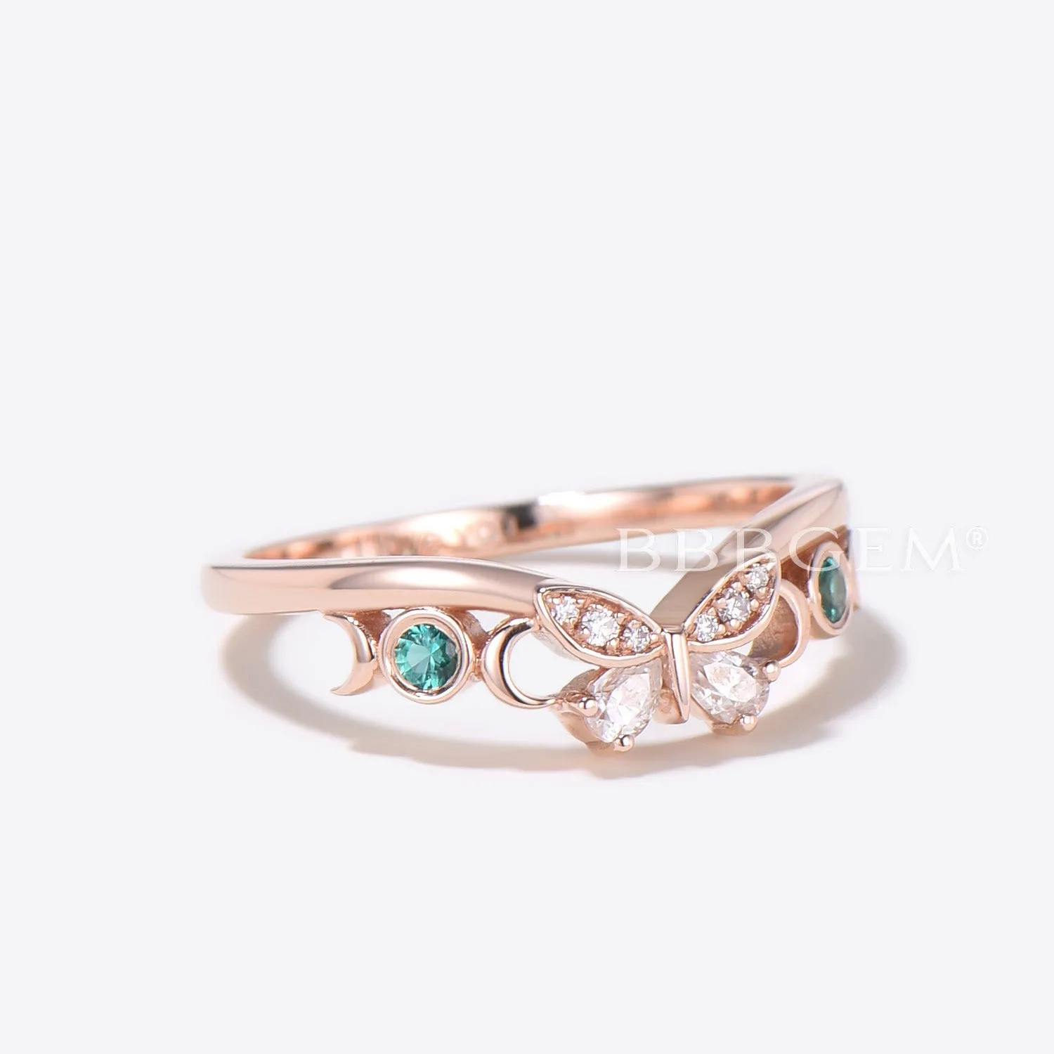 Rose Gold Butterfly Wedding Band Chevron Moissanite Stacking Band