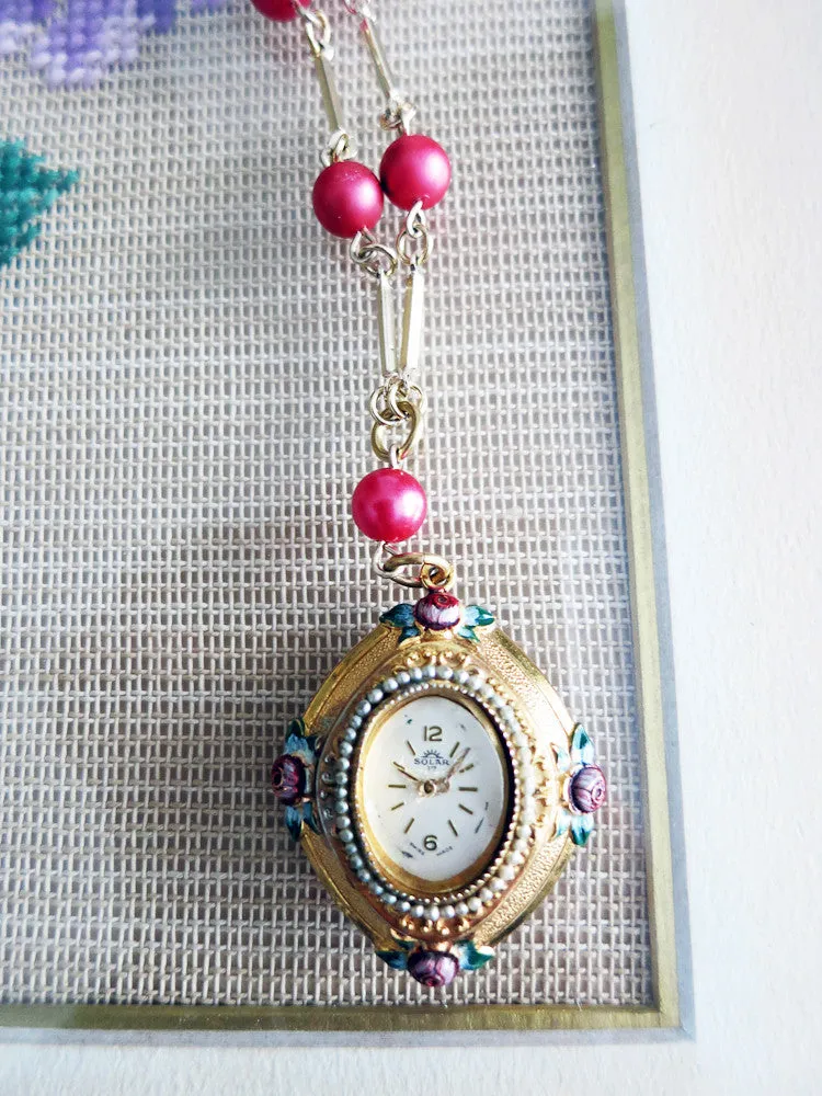 Rose Necklace with Vintage Watch Face