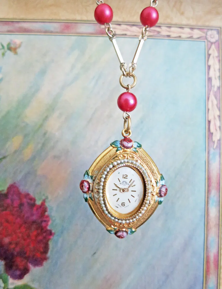 Rose Necklace with Vintage Watch Face