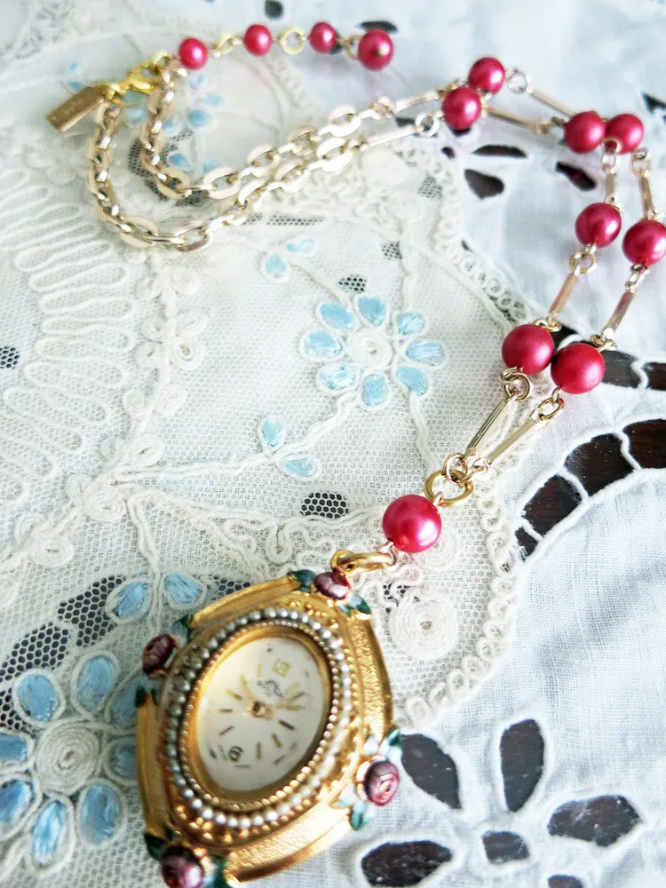 Rose Necklace with Vintage Watch Face