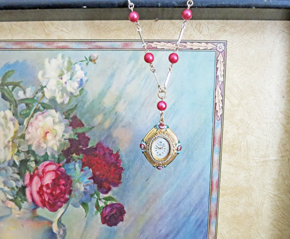 Rose Necklace with Vintage Watch Face