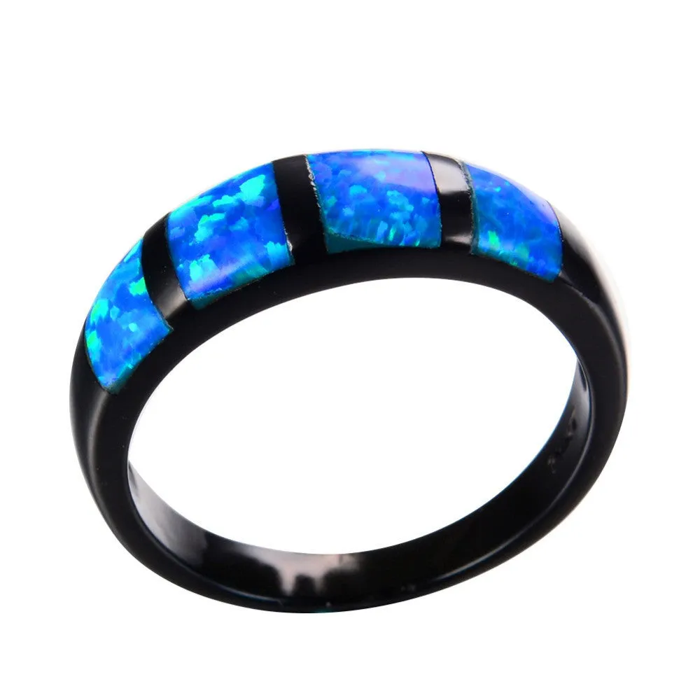 Round Blue Fire Opal Ring Black Gold Filled Vintage Wedding Rings For Women Bague Femme Fashion Jewelry Gift