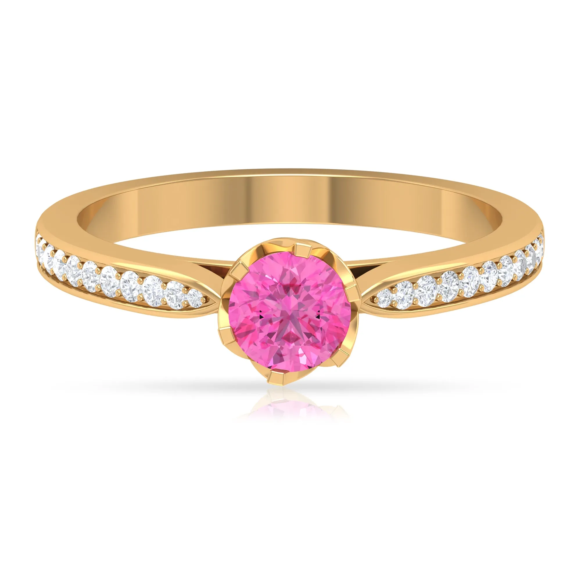 Round Cut Pink Sapphire Solitaire Engagement Ring with Diamond