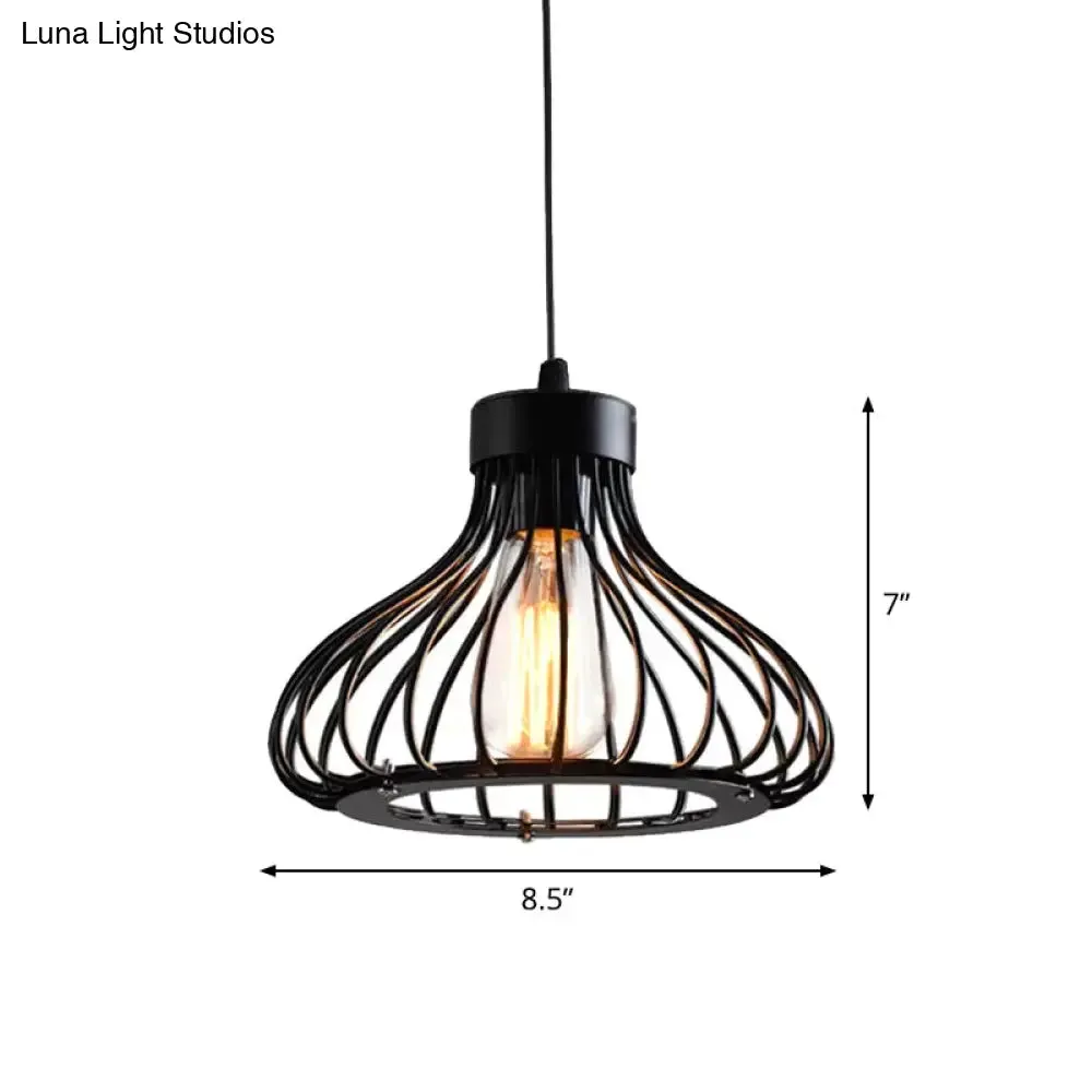 Rustic 1-Light Iron Ceiling Pendant Lamp in Black - Cone/Oval/Globe Suspended Lighting for Dining Room