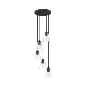 Rustic 5-Light Clear Glass Multi Pendant Hanging Light for Dining Room with Curved Shade and Round Canopy