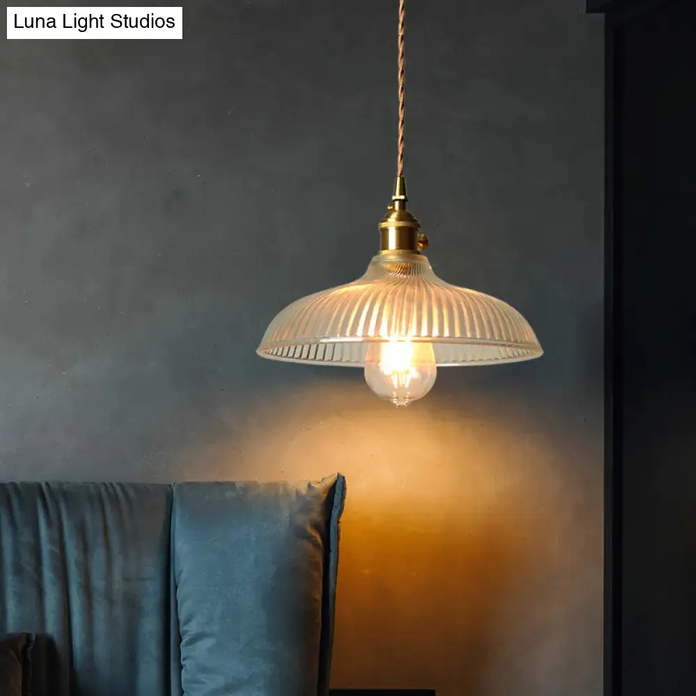 Rustic Brass Pendant Light Fixture with Clear Ribbed Glass Bowl