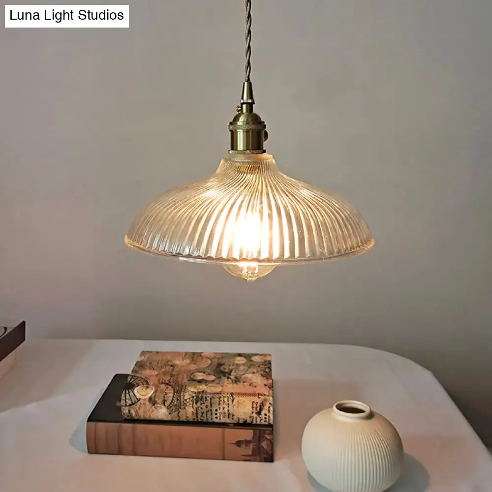 Rustic Brass Pendant Light Fixture with Clear Ribbed Glass Bowl