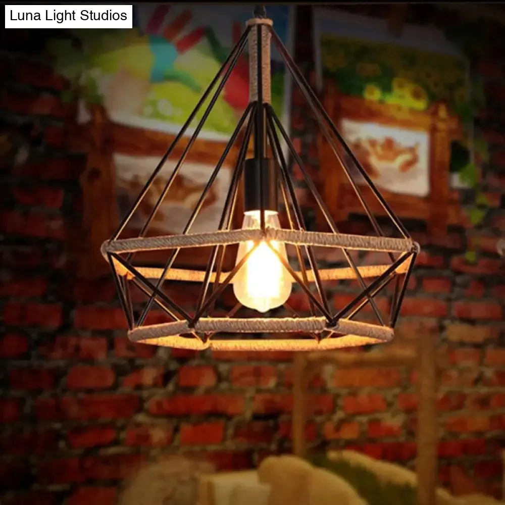 Rustic Geometric Hemp Rope Pendant Light with Single Bulb - Ideal for Restaurants - Black Fixture