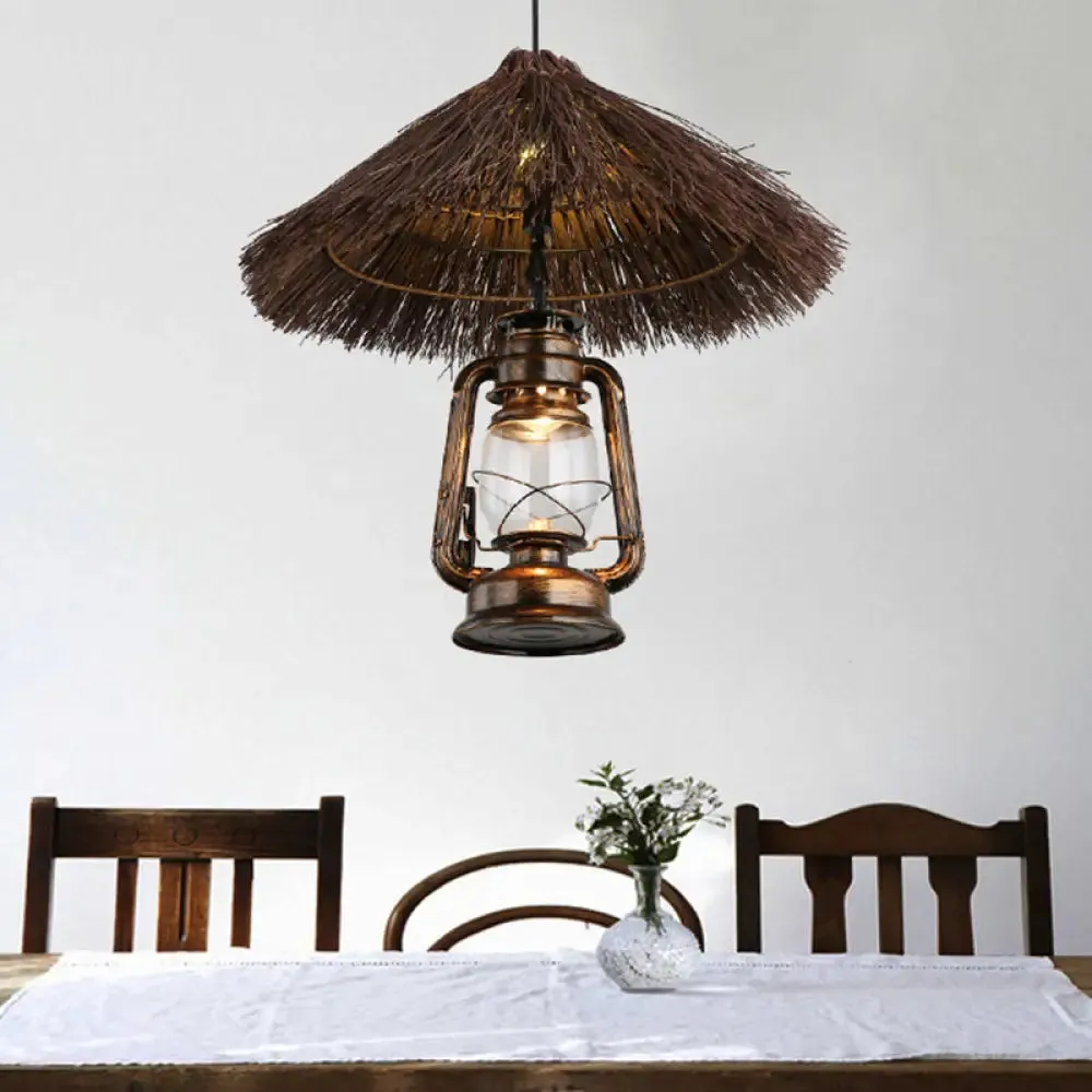 Rustic Hand-Woven Rattan Pendant Light with Lantern Shade for Dining Room