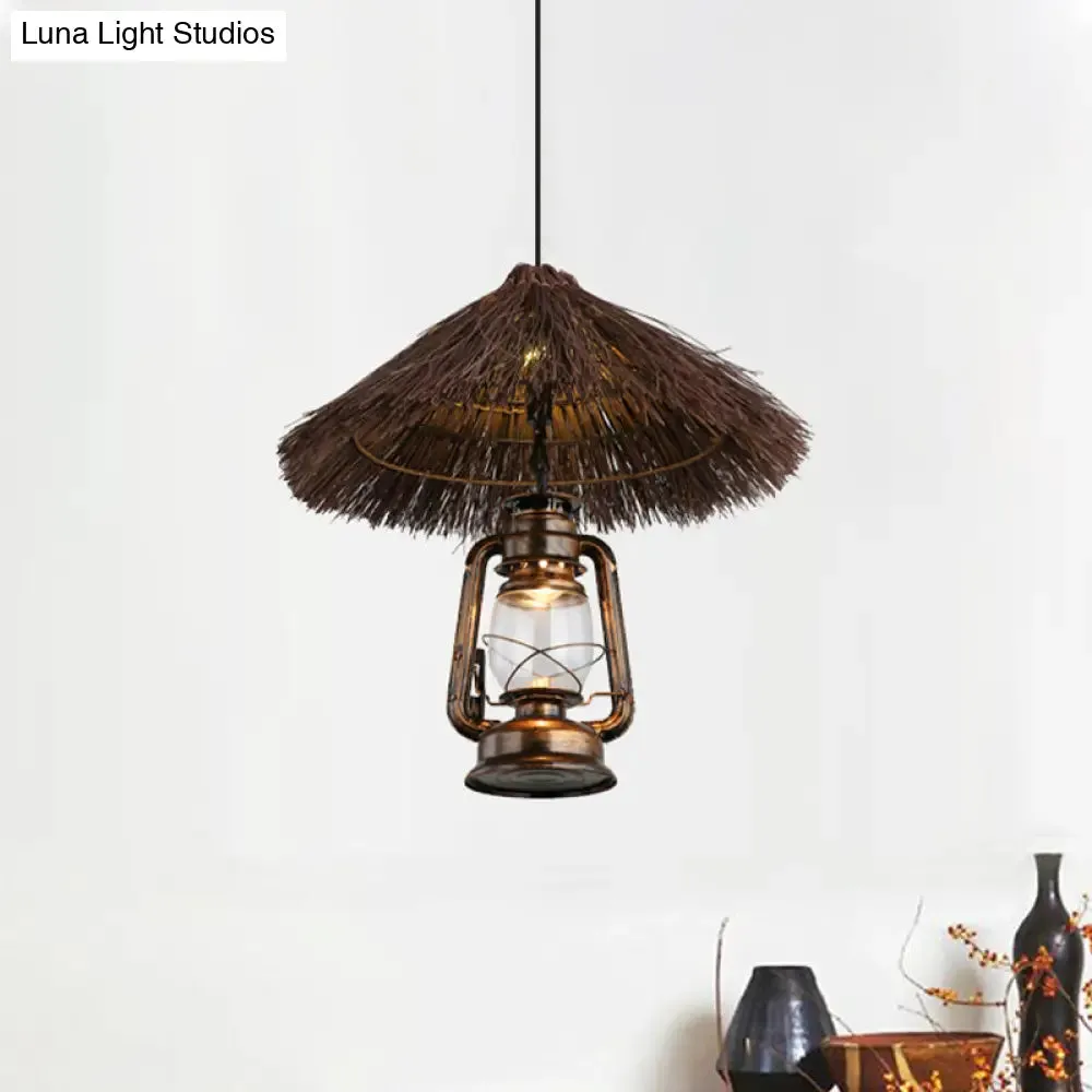 Rustic Hand-Woven Rattan Pendant Light with Lantern Shade for Dining Room