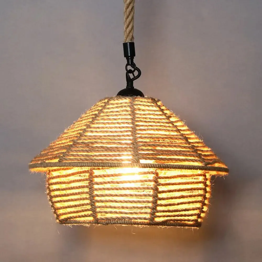 Rustic Hemp Rope Hanging Lamp, Vintage Single-Bulb Pendant for Restaurants - Brown