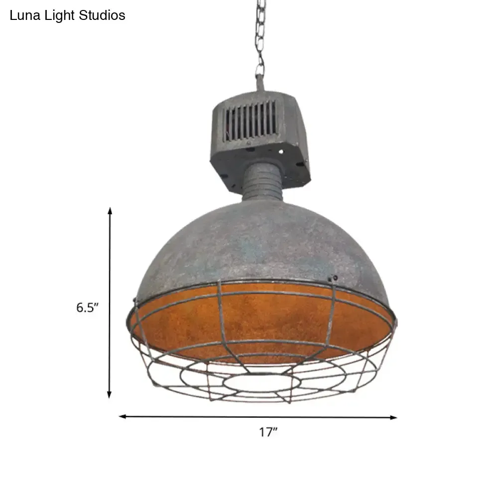 Rustic Iron Caged Restaurant Hanging Light – Grey Finish Pendant Lamp with Domed Shade