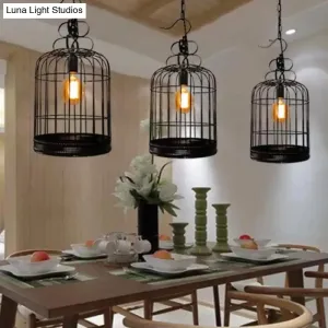 Rustic Metal Birdcage Pendant Light - Black/White, 8"/10"/16" Wide, Single Drop Lamp for Dining Room Ceiling