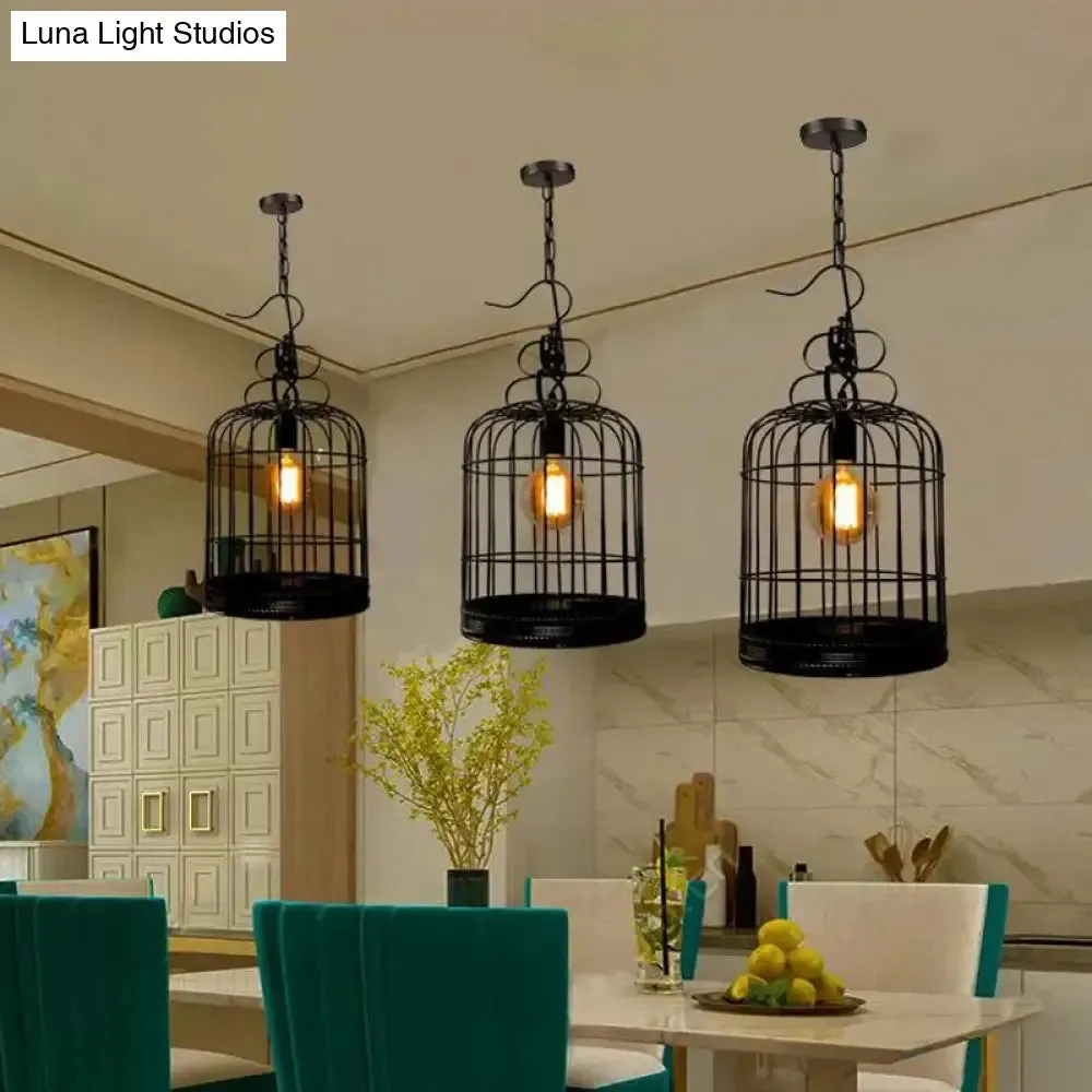 Rustic Metal Birdcage Pendant Light - Black/White, 8"/10"/16" Wide, Single Drop Lamp for Dining Room Ceiling