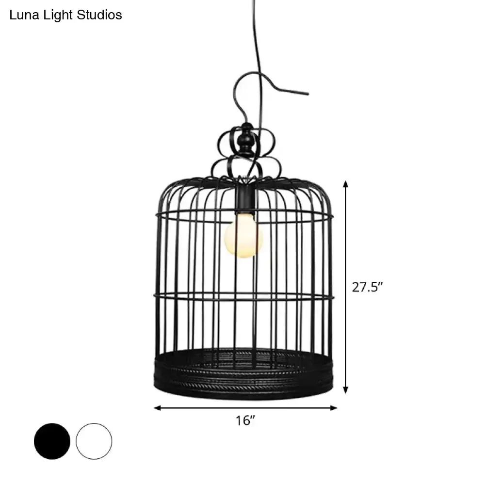 Rustic Metal Birdcage Pendant Light - Black/White, 8"/10"/16" Wide, Single Drop Lamp for Dining Room Ceiling