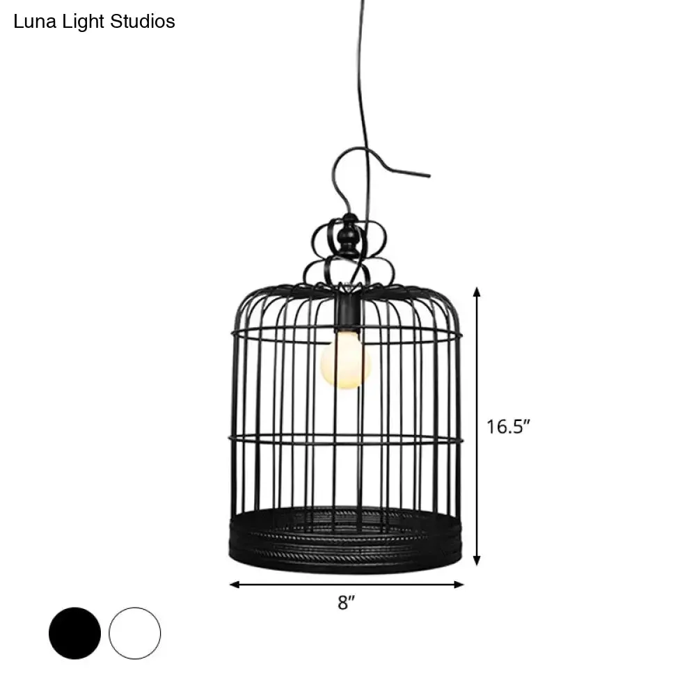 Rustic Metal Birdcage Pendant Light - Black/White, 8"/10"/16" Wide, Single Drop Lamp for Dining Room Ceiling