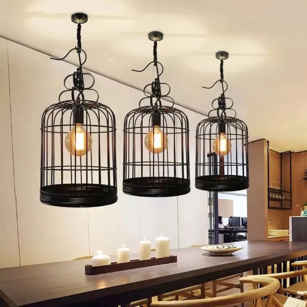 Rustic Metal Birdcage Pendant Light - Black/White, 8"/10"/16" Wide, Single Drop Lamp for Dining Room Ceiling