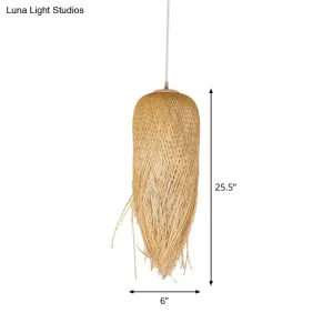 Rustic Rattan Fringe Pendant Light - Beige Single-Bulb Dining Room Hanging Lamp in 6"/10"/18" Width