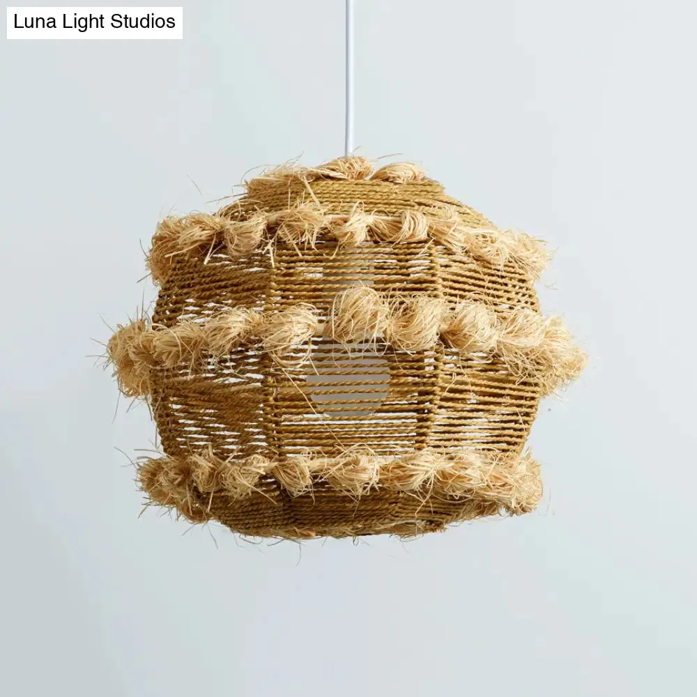 Rustic Rattan Globe Pendant Light in Beige/Black for Table