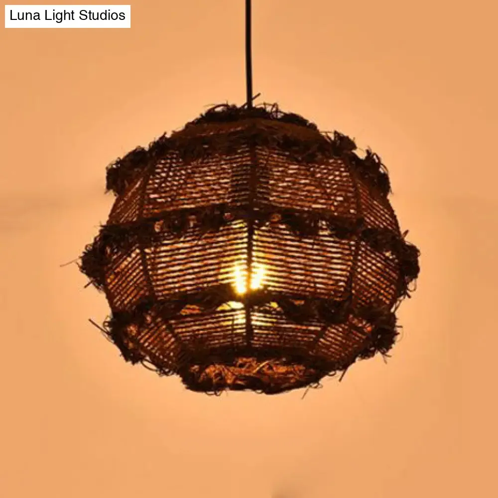 Rustic Rattan Globe Pendant Light in Beige/Black for Table