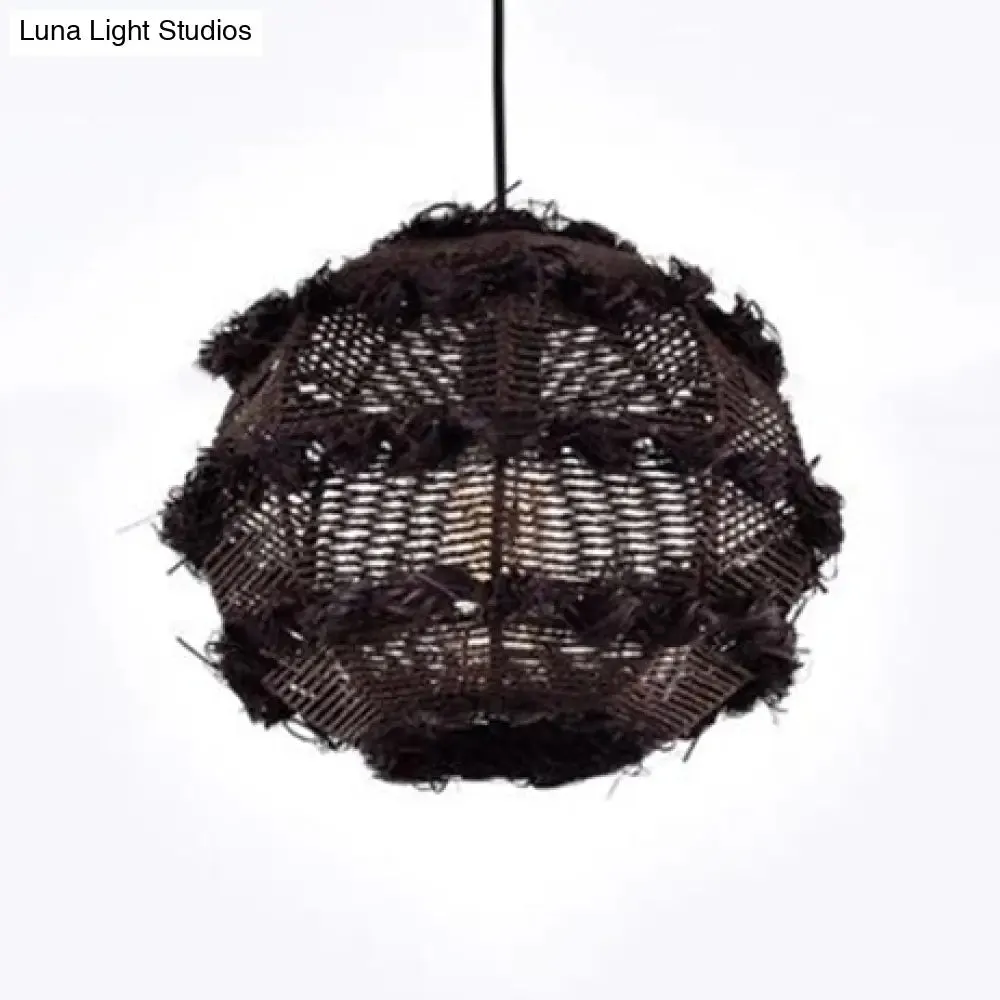 Rustic Rattan Globe Pendant Light in Beige/Black for Table