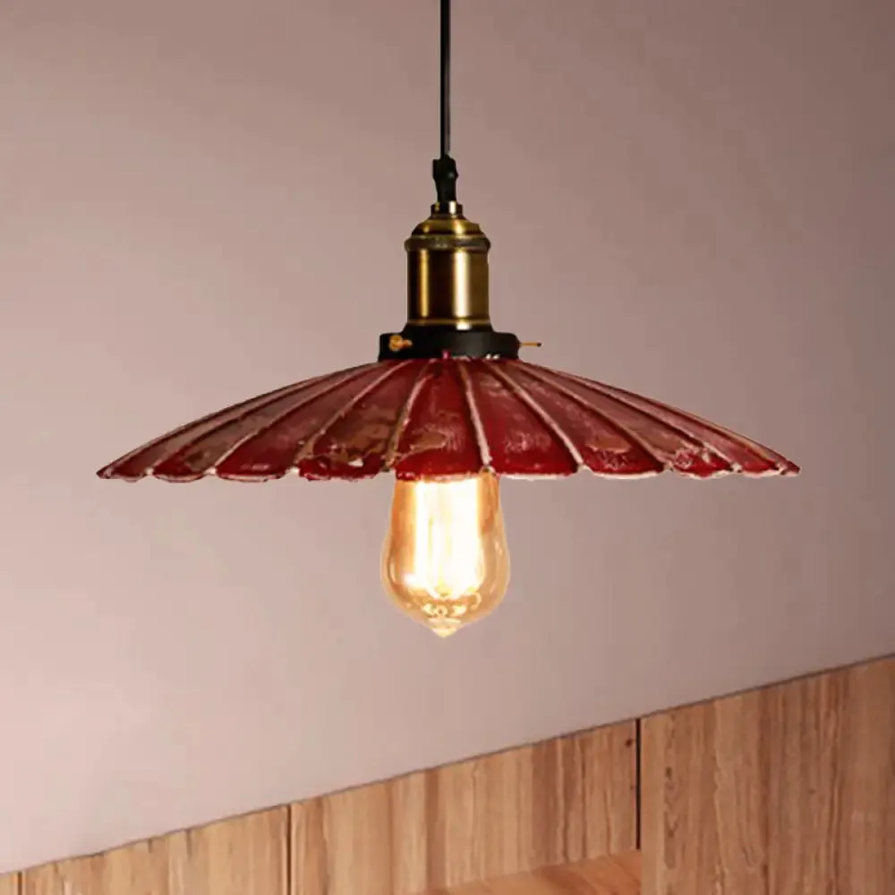 Rustic Red Scalloped Shade Pendant Lamp - Metallic Finish, Coffee Shop Hanging Light Fixture